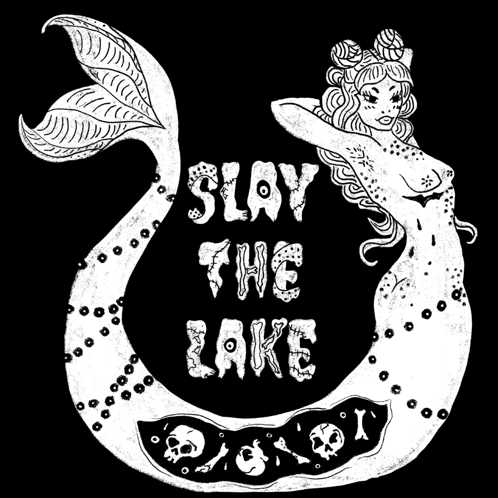 Slay the Lake logo, white mermaid logo image on black background